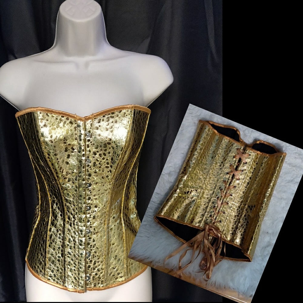 Metallic Faux Leather Gold Lace Up Corset Hook Front Satin Ribbon Tie Size Med ~